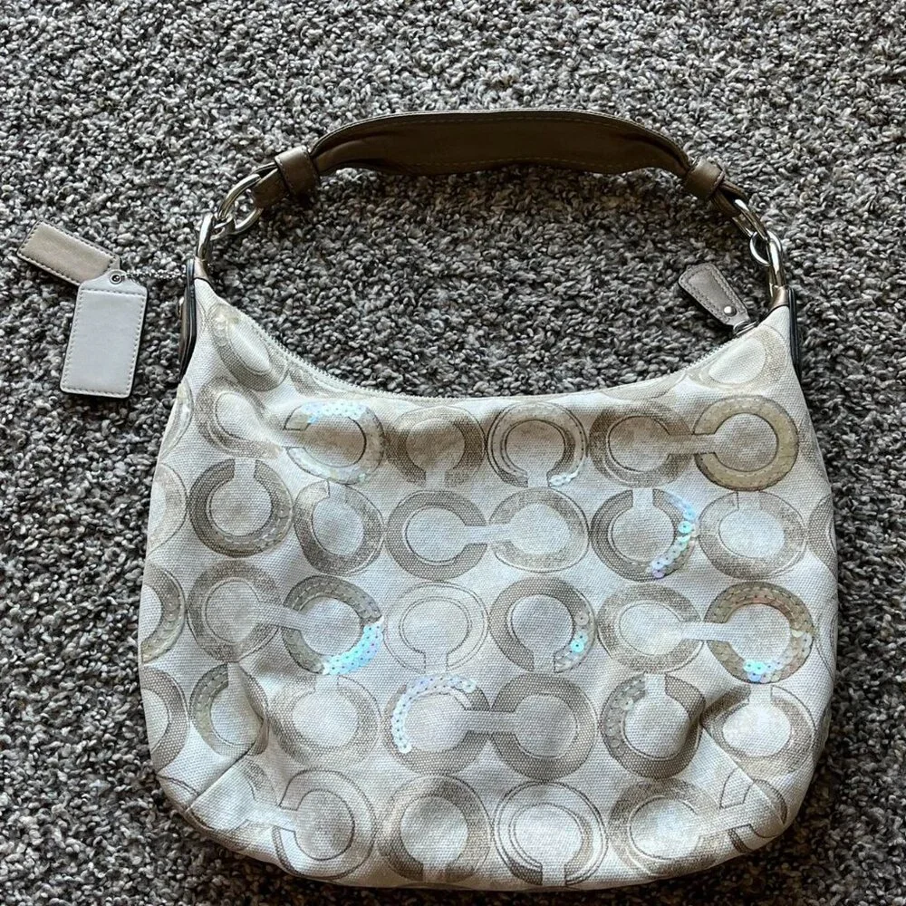 Vintage Coach Kristin Signature Canvas Khaki Cream Optic Art Sequin Hobo Bag - Picture 4 of 8
